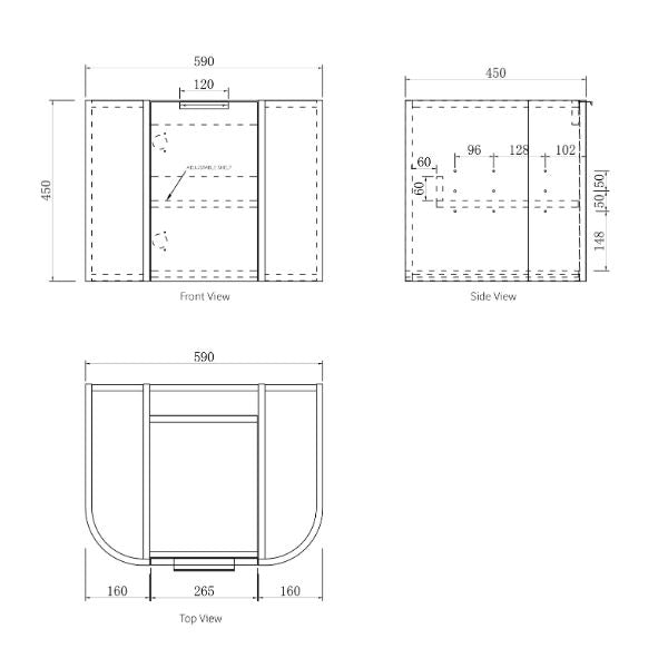 Technical Drawing Cabinet Otti Bondi 600mm Wall Hung Curve Vanity Black Oak - The Blue Space