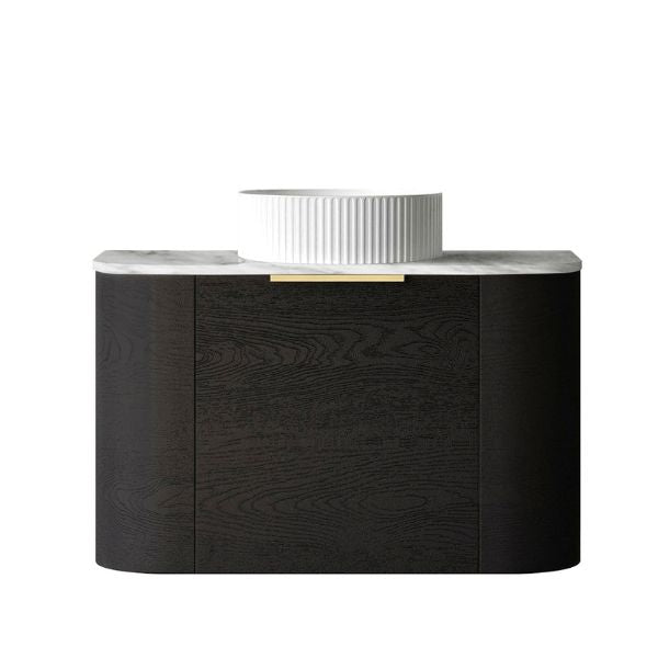 Otti Bondi 750mm Wall Hung Curve Vanity Black Oak with Natural Carrara Marble Stone Top
