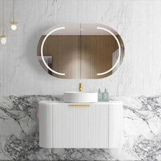 Otti Bondi 900mm Fluted Wall Hung Curve Vanity Satin White with Pure White Stone Top