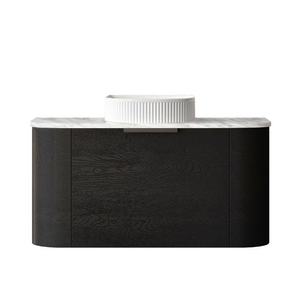 Otti Bondi 900mm Wall Hung Curve Vanity Black Oak with Natural Carrara Marble Stone Top