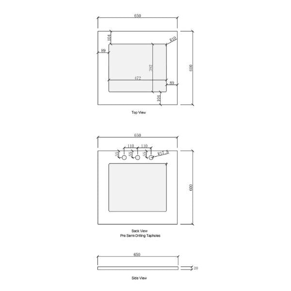 Technical Drawing - Laundry Top Stone for Otti Bondi White 650mm Mini Laundry