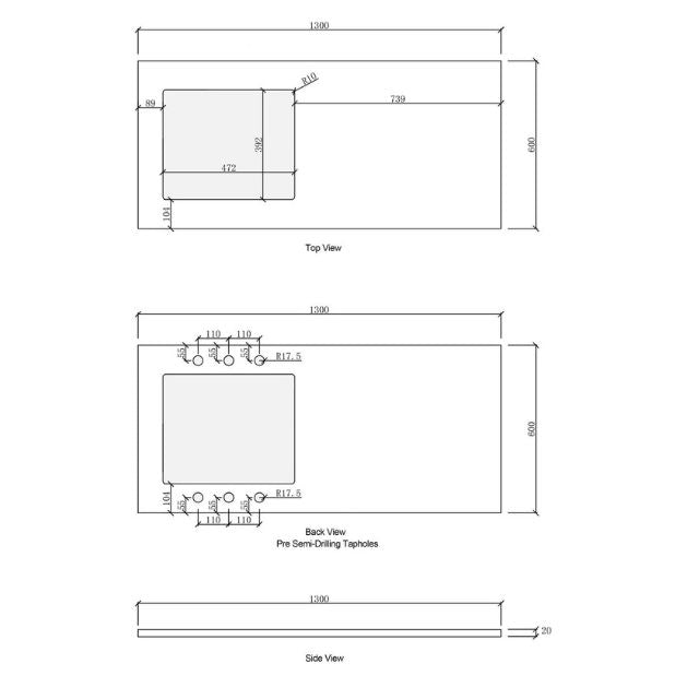 Technical Drawing Laundry Stone Tops for Cloudy Carrara Stone Top for Otti Byron 1305mm Laundry Set B - Natural Oak - The Blue Space