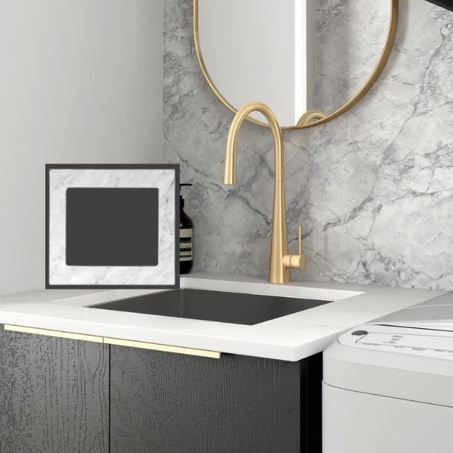 Otti Byron Black Oak 650mm Mini Laundry Cabinet Set With Natural Carrara Marble Stone Top LA-650A-BYB-NCA - The Blue Space