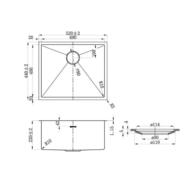 Laundry Sink Technical Drawing for Otti Hampshire 1305mm Laundry Set C - White - The Blue Space
