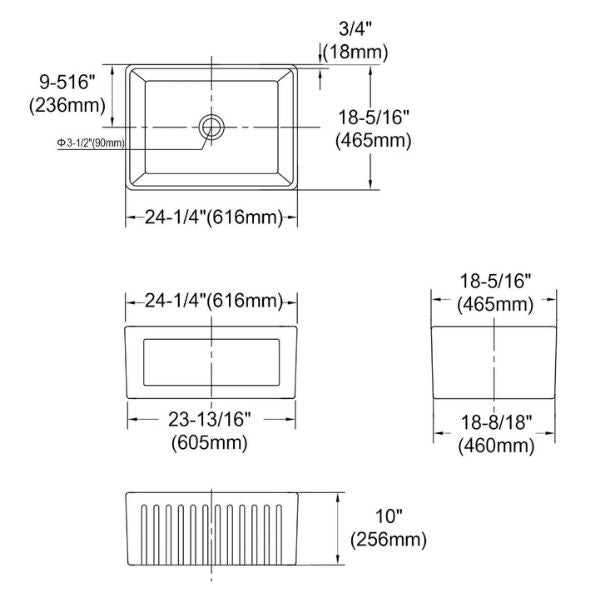 Technical Drawing - Otti Hampshire Butler Sink 605mm