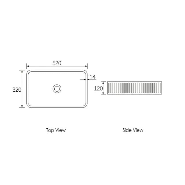 Technical Drawing Otti Hudson 520mm Fluted Square Above Counter Basin - White OT5232CONW - The Blue Space