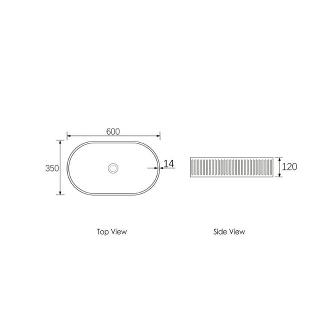 Technical Drawing Otti Hudson 600mm Fluted Oval Above Counter Basin - White OT6035CONW - The Blue Space