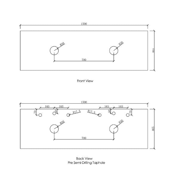 Technical Drawing Stone Top 1500mm - Otti Laguna Wall Hung Vanity with Stone Top for Above Counter Basin - The Blue Space
