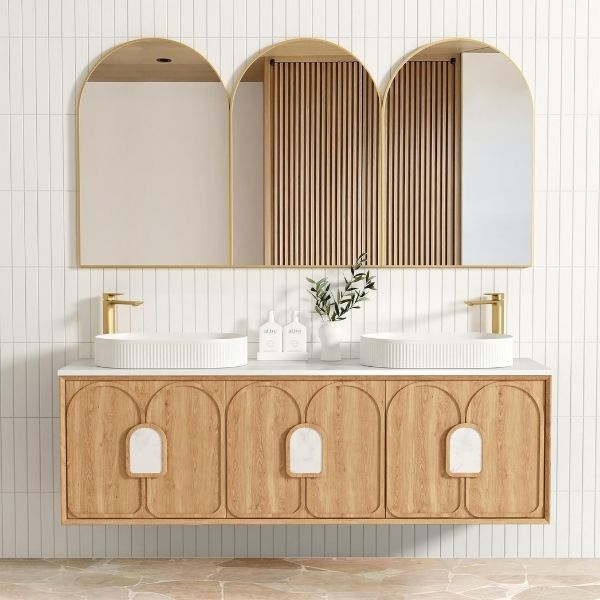 Otti Laguna 1800mm Double Bowl Wall Hung Vanity Natural American Oak with Pure White Stone