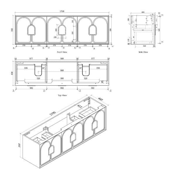 Technical Drawing Cabinet 1800mm - Otti Laguna Wall Hung Vanity Natural Carrara Marble Top with Undermount Basin - The Blue Space