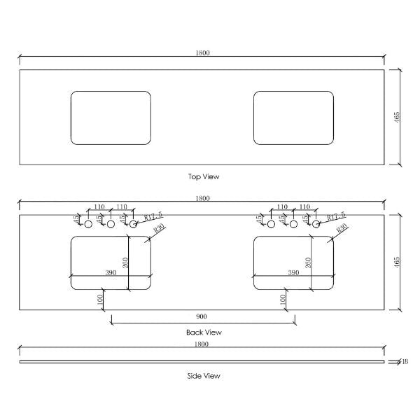 Technical Drawing Stone Top 1800mm - Otti Laguna Wall Hung Vanity Natural Carrara Marble Top with Undermount Basin - The Blue Space
