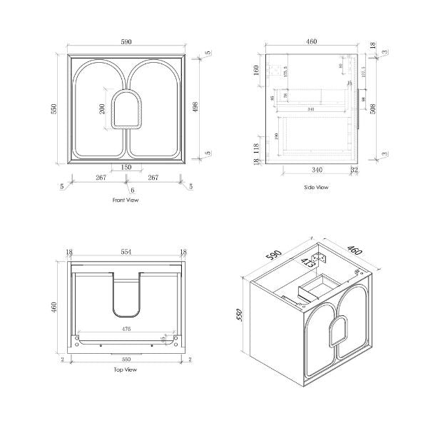 Technical Drawing Cabinet 600mm - Otti Laguna Wall Hung Vanity Natural Carrara Marble Top with Undermount Basin - The Blue Space
