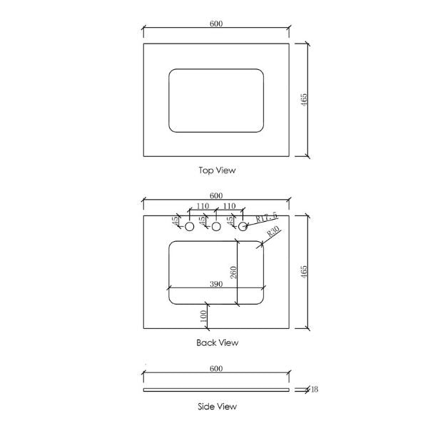 Technical Drawing Stone Top 600mm - Otti Laguna Wall Hung Vanity Natural Carrara Marble Top with Undermount Basin - The Blue Space
