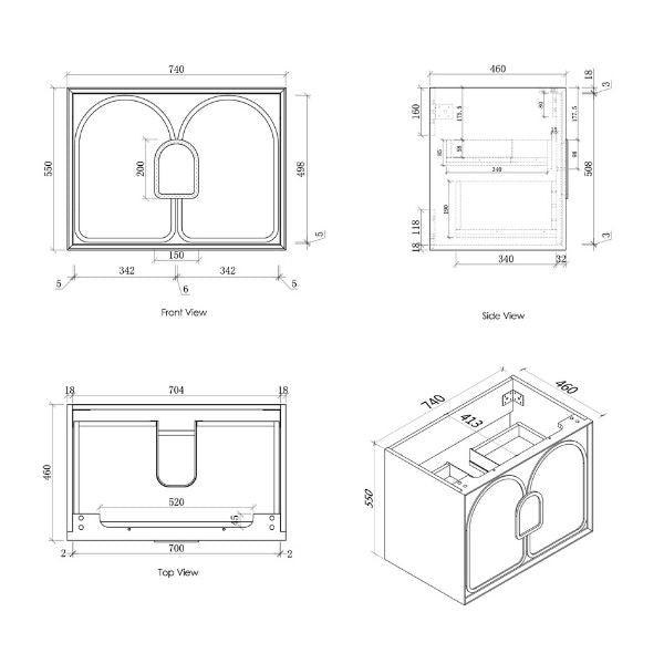 Technical Drawing Cabinet 750mm - Otti Laguna Wall Hung Vanity Natural Carrara Marble Top with Undermount Basin - The Blue Space