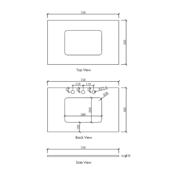 Technical Drawing Stone Top 750mm - Otti Laguna Wall Hung Vanity Natural Carrara Marble Top with Undermount Basin - The Blue Space