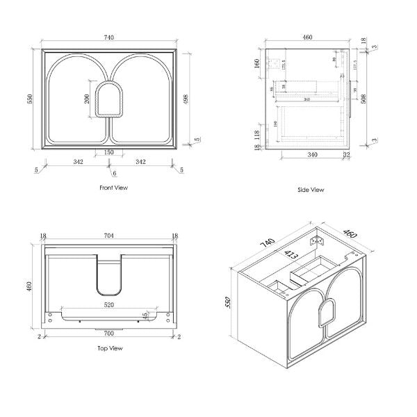 Technical Drawing Cabinet 750mm - Otti Laguna Wall Hung Vanity with Stone Top for Above Counter Basin - The Blue Space