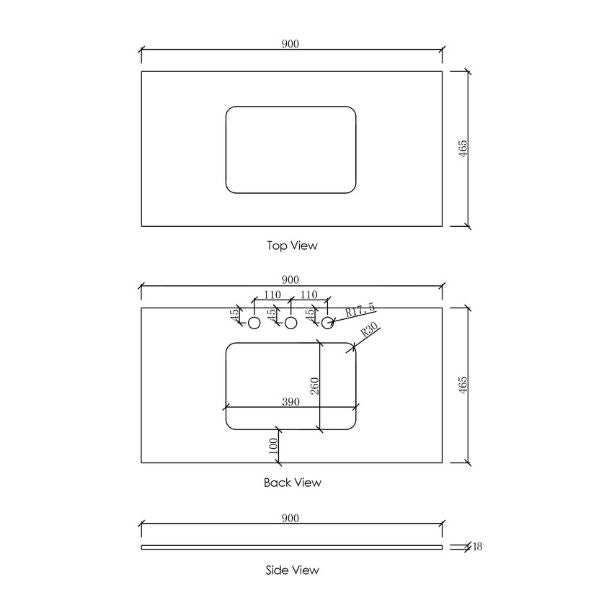 Technical Drawing Stone Top 900mm - Otti Laguna Wall Hung Vanity Natural Carrara Marble Top with Undermount Basin - The Blue Space