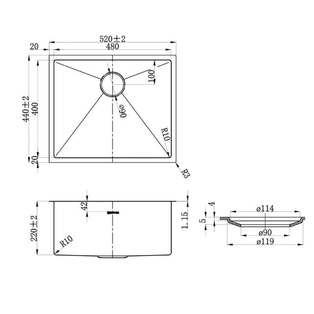 Technical Drawing Otti Laundry Tub Upgrade Gun Metal  M-CBS-810-52GM - The Blue Space