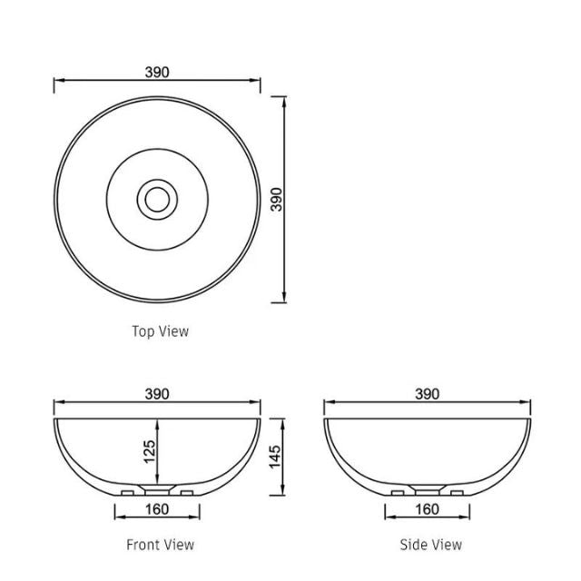 Technical Drawing Otti London 390mm Round Above Counter Basin - Matte White SSB3939 - The Blue Space