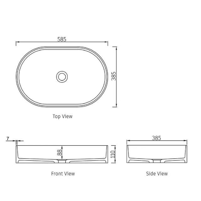 Technical Drawing Otti Noosa 585mm Oval Above Counter Basin - Matte White SSB5838 - The Blue Space