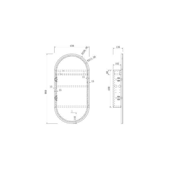 Technical Drawing Otti Noosa 900 Oval Shape Led Shaving Cabinet Black Oak LED-SOV9045B