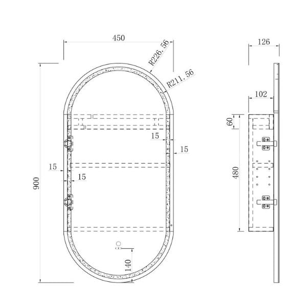 Technical Drawing Otti Noosa 900 Oval Shape Led Shaving Cabinet Natural Oak LED-SOV9045N