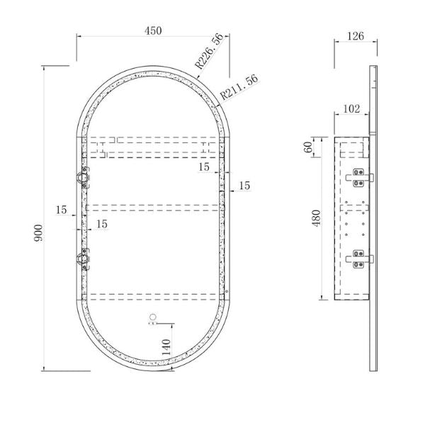 Technical Drawing Otti Noosa 900 Oval Shape Led Shaving Cabinet White LED-SOV9045