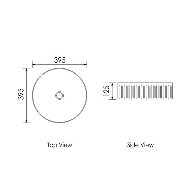 Technical Drawing Otti Oxford 395mm Fluted Round Above Counter Basin - Gloss White OT3950 - The Blue Space