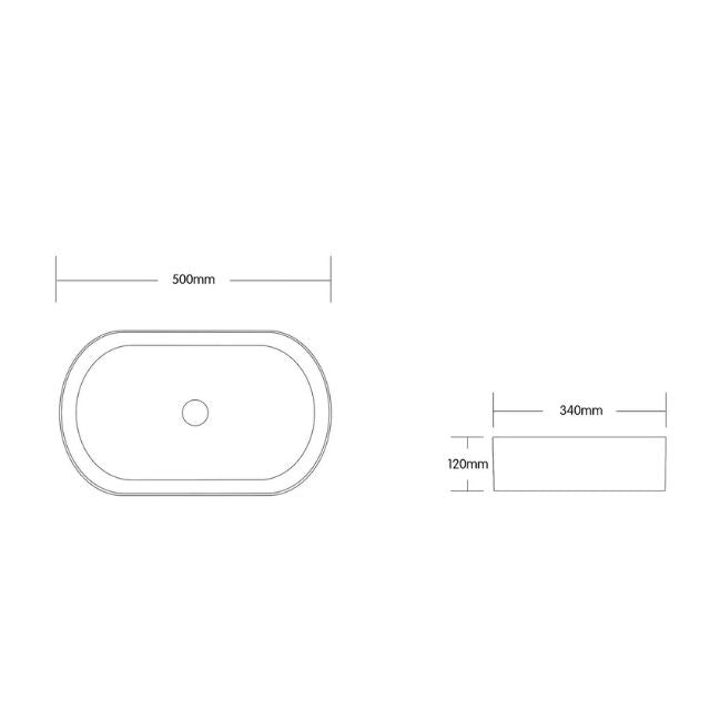 Technical Drawing Otti Quay 500mm Oval Above Counter Basin - Carrara OT5035MCAR - The Blue Space