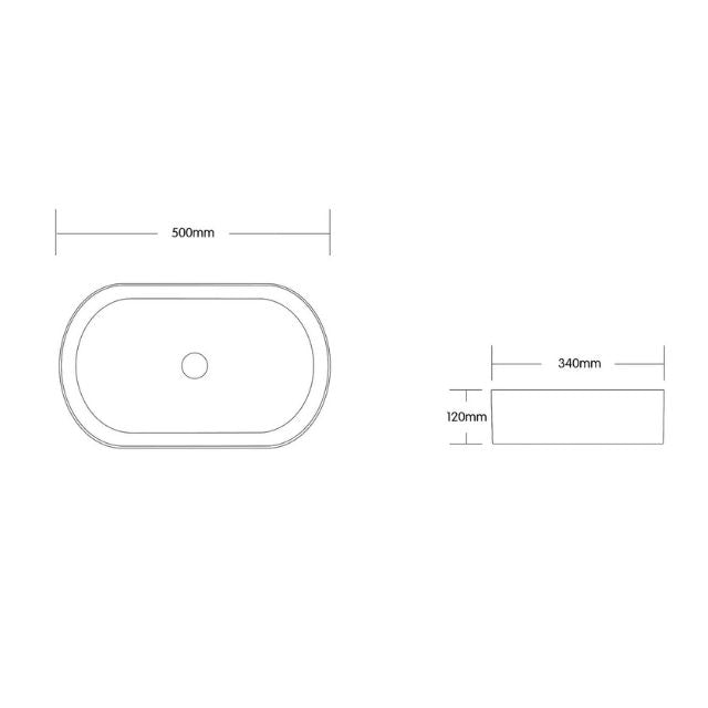 Tehnical Drawing Otti Quay 500mm Oval Above Counter Basin - Matte Pink OT5035MP - The Blue Space