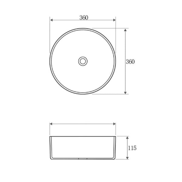 Technical Drawing Otti Radius 360mm Round Above Counter Basin - Carrara Matte Marble Look OT3600MCAR - The Blue Space