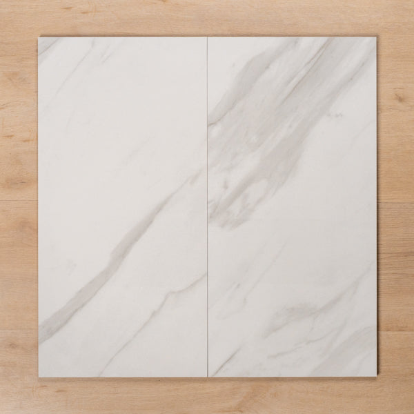 Perisher White Marble Polished Rectified Porcelain Tile 300x600mm