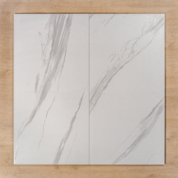 Perisher White Marble Polished Rectified Porcelain Tile 600x1200mm - The Blue Space
