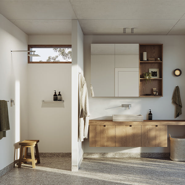 Phoenix Enviro316 Marine Grade Stainless Steel Wall Mixer in Australiana style bathroom -  The Blue Space