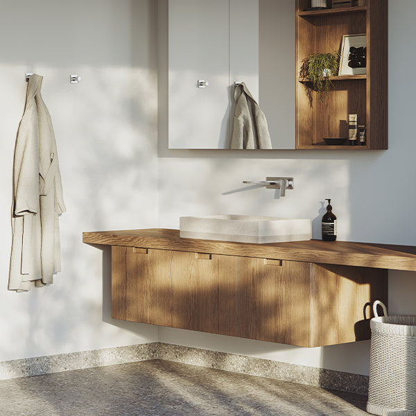 Phoenix Enviro316 Marine Grade Stainless Steel Wall Basin Mixer in natural, biophilic bathroom design - The Blue Space