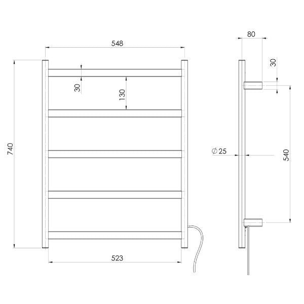 Phoenix Five Flat Bar Heated Towel Ladder 550mm x 740mm - Matte Black - 652-8750-10 - Technical Drawing