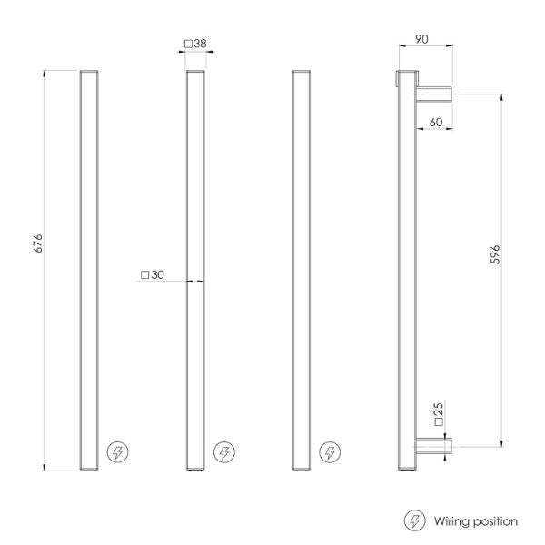 Phoenix Heated Triple Towel Rail Square 600mm - Brushed Gold - 651-8762-12 - Technical Drawing