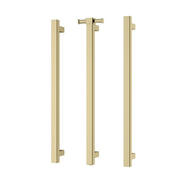 Phoenix Heated Triple Towel Rail Square 600mm - Brushed Gold with Vertical Rail Hook Square