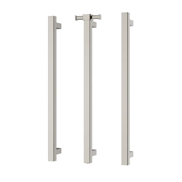 Phoenix Heated Triple Towel Rail Square 600mm - Brushed Nickel with Vertial Rail Hook Square Chrome