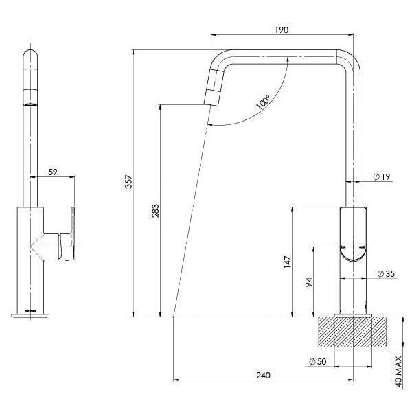 Phoenix Mekko Sink Mixer 190mm Squareline - Brushed Carbon - Technical Drawing