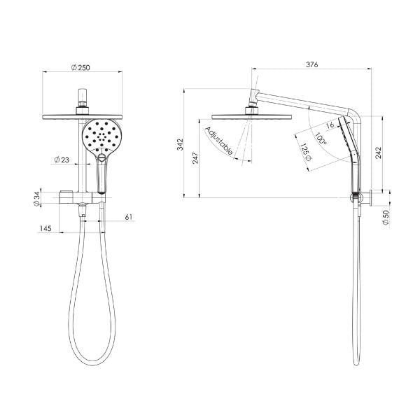 Technical Drawing - Phoenix Ormond Compact Twin Shower - Matte Black