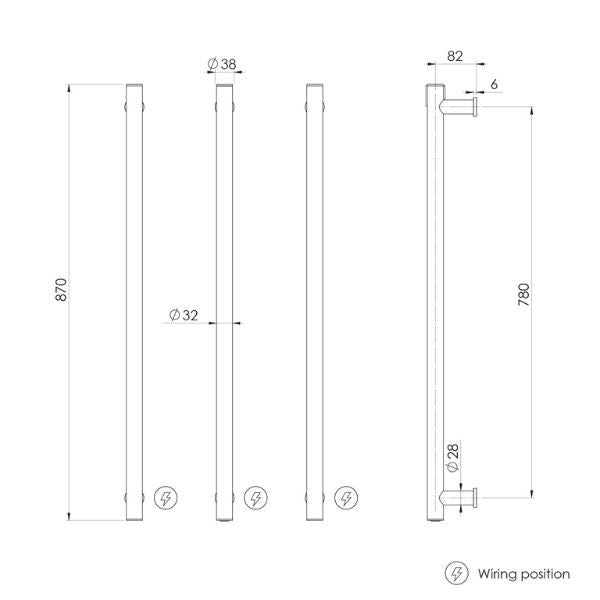 Phoenix Heated Triple Towel Rail Round 800mm - Brushed Gold 650-8763-12 - Technical Drawing