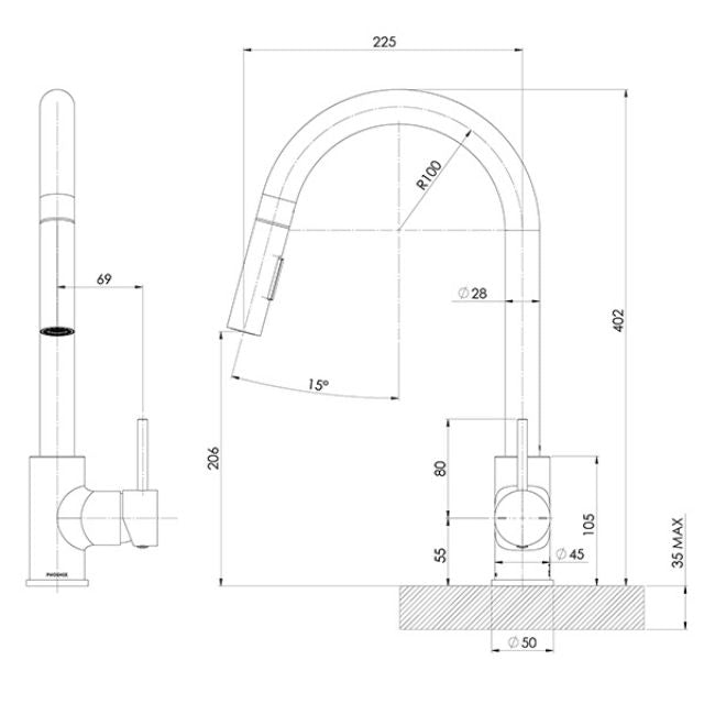 Phoenix Pina Pull Out Sink Mixer Matte Black