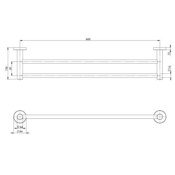 Phoenix Radii Round Plate Double Towel Rail RA813-31 600mm - Brushed Carbon - Technical Drawing