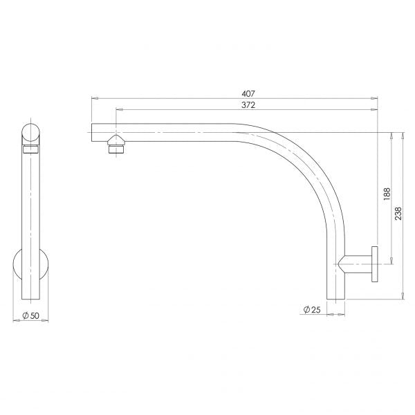 Phoenix Rush High-Rise Shower Arm Only - Brushed Carbon - Technical Drawing