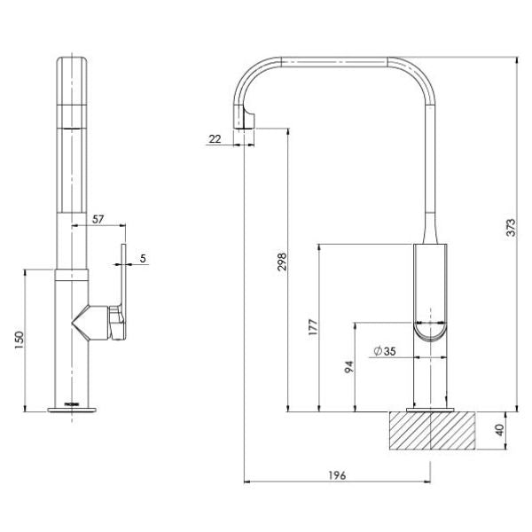 Phoenix Teel Sink Mixer 200mm Squareline - Brushed Carbon - Technical Drawing