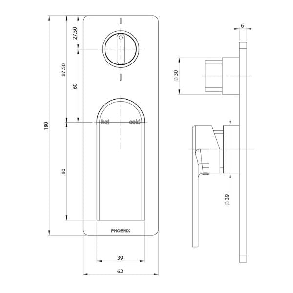 Phoenix Teel SwitchMix Shower / Bath Diverter Mixer Fit-Off Kit - Brushed Carbon - Technical Drawing