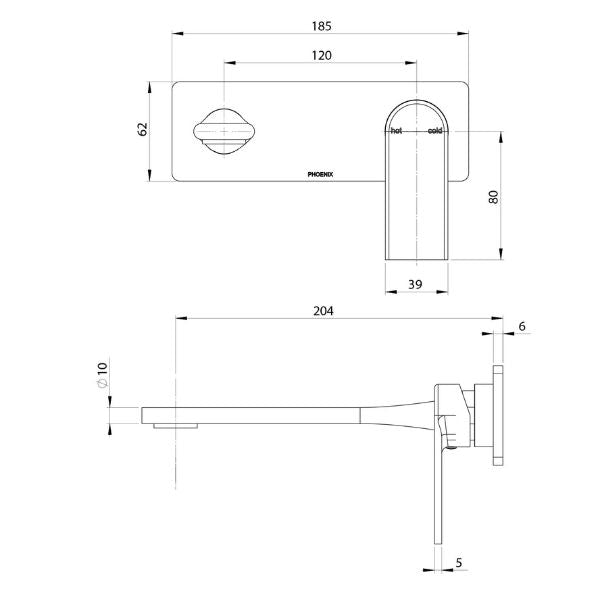 Phoenix Teel SwitchMix Wall Basin / Bath Mixer Set 200mm Fit-Off Kit - Brushed Carbon - Technical Drawing