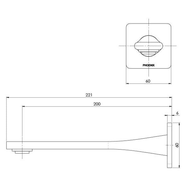 Phoenix Teel Wall Bath Outlet 200mm - Brushed Carbon - Technical Drawing
