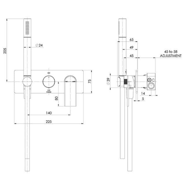 Technical Drawing Phoenix Teel Wall Shower System Chrome 118-7490-00 - The Blue Space
